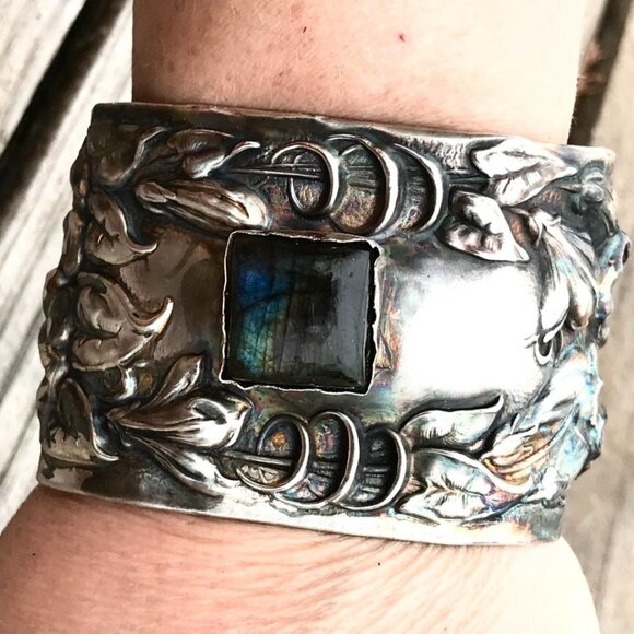 Labradorite Spectralite Sterling Silver 925 Cuff Bracelet Wide Floral  Antique - Picture 3 of 13